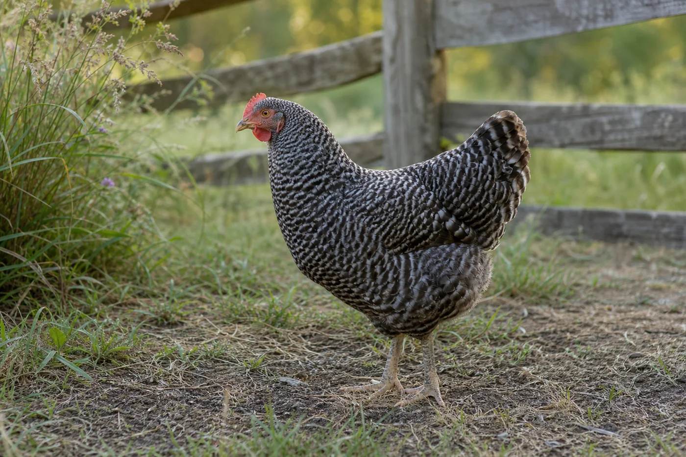 Dominique heritage chicken on a traditional farm