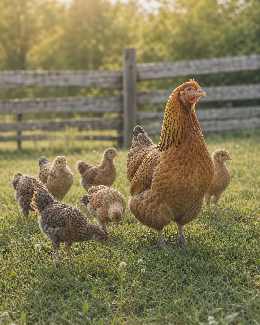 A heritage hen guiding young chickens as they forage through grass