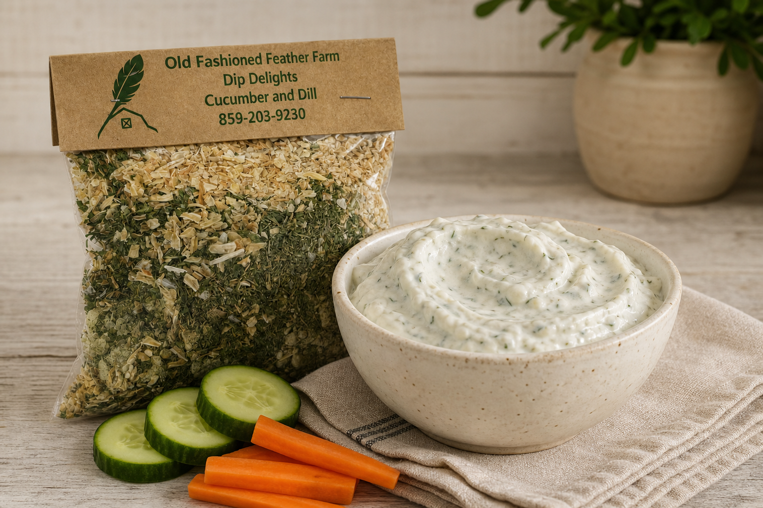 Cucumber and Dill Dip Mix prepared and served beside its package