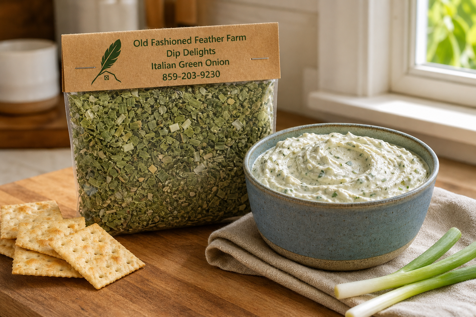 Italian Green Onion Dip Mix prepared and served beside its package
