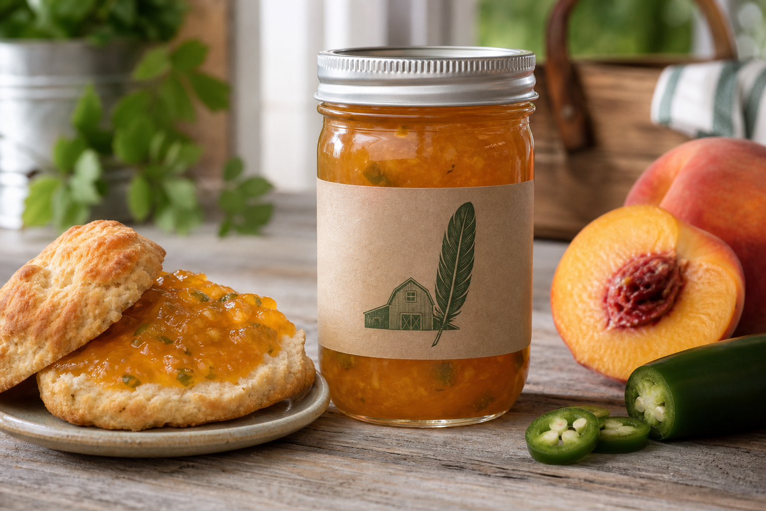 Peach Jalapeño Jam prepared and served beside its package