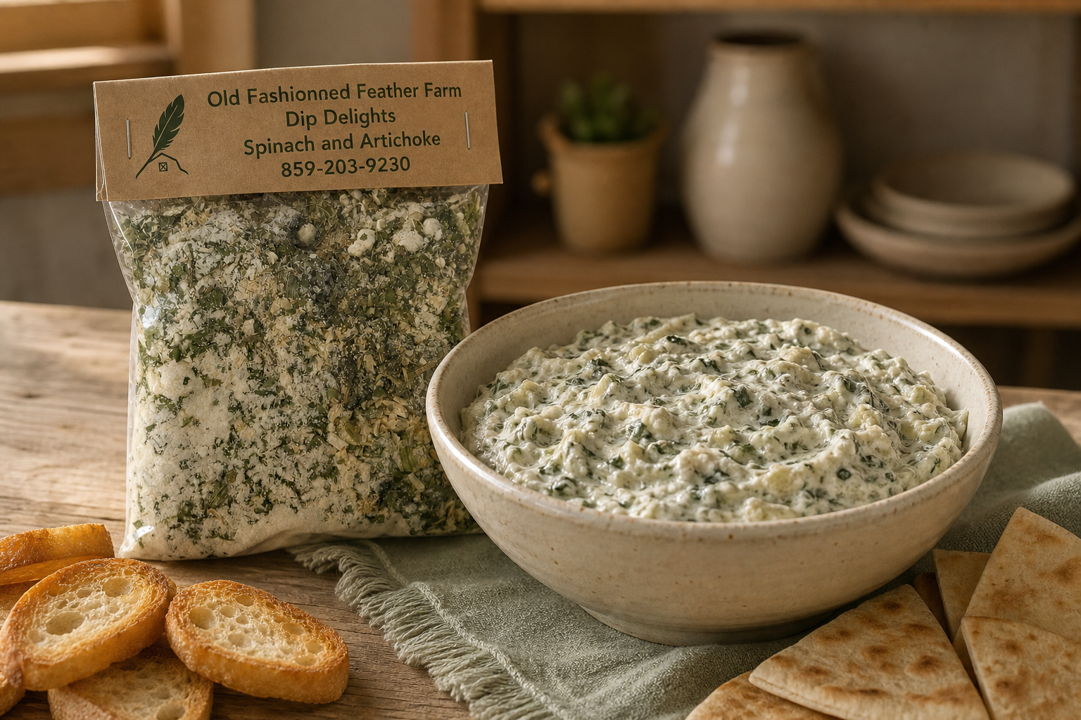 Spinach and Artichoke Dip Mix prepared and served beside its package