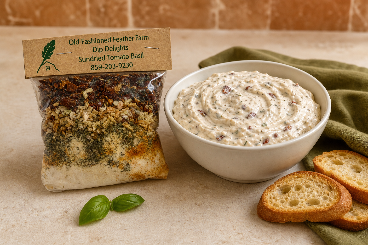 Sundried Tomato Basil Dip Mix prepared and served beside its package