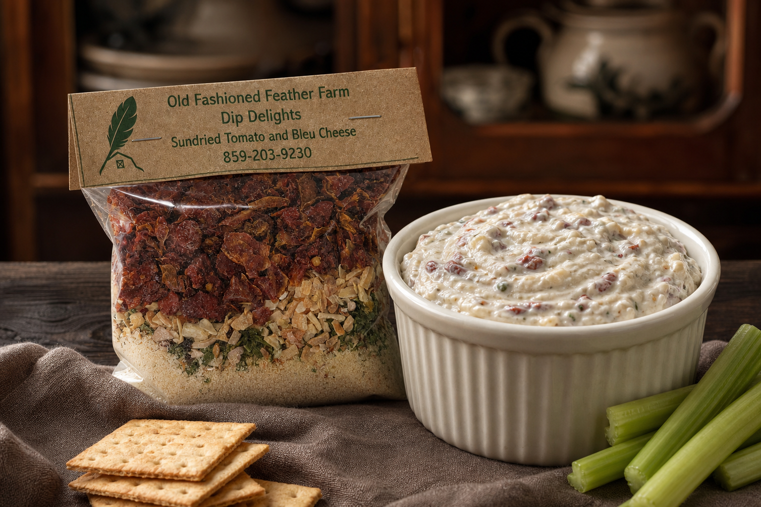 Sundried Tomato and Bleu Cheese Dip Mix prepared and served beside its package