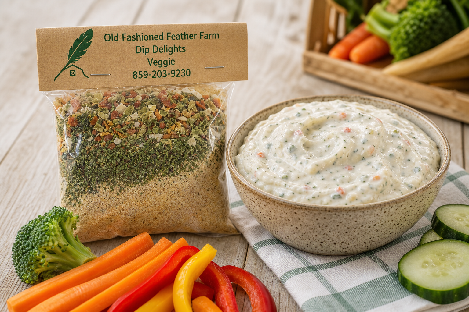 Veggie Dip Mix prepared and served beside its package